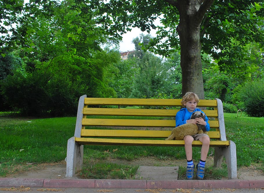 boy sitting on bench while hugging pet, lonely, child, waiting