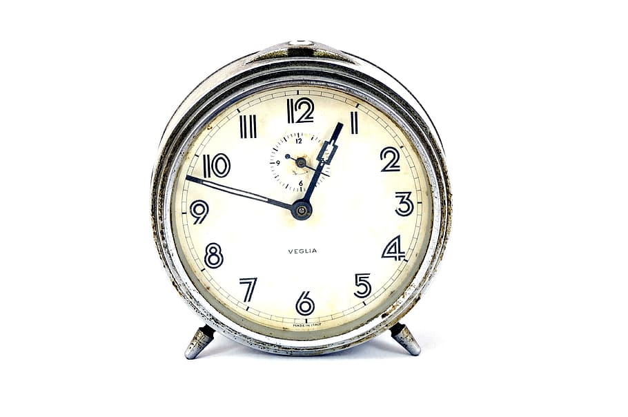round stainless steel alarm clock, analog, desk, alarm-clock