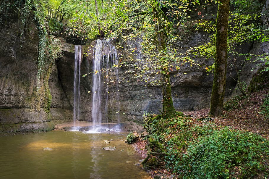 waterfalls surrounded by trees photo, landscape, river, forest HD wallpaper