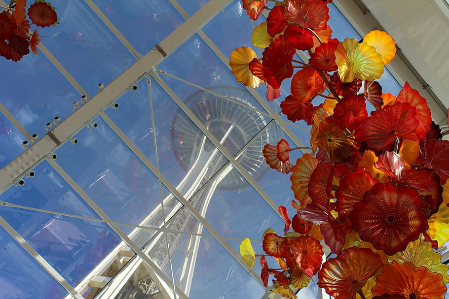 birds eye view of white tower inside mall, space needle, seattle HD wallpaper