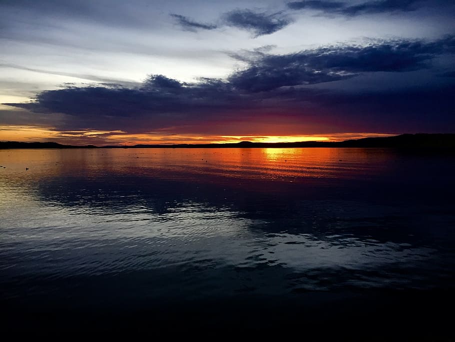 sunset, night, dark, clouds, lake, sky, evening, reflection HD wallpaper