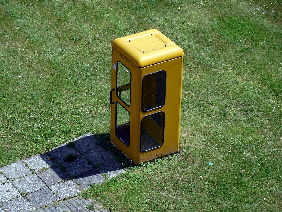 phone booth, dispensary, telephone, old, yellow, grass, day