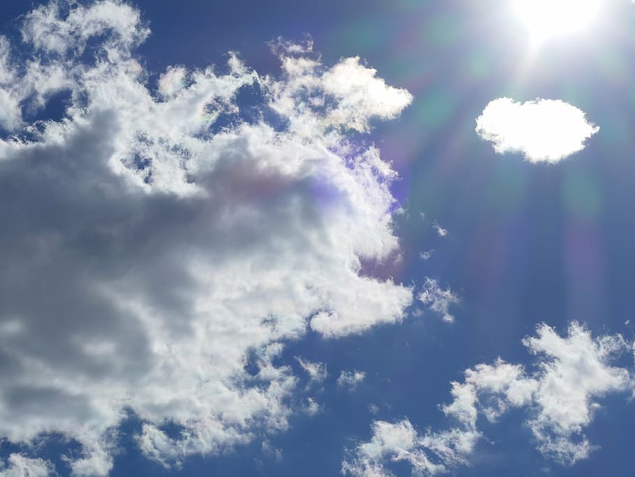 clouds, sky, sun, rays, blue, white clouds, summer day, clouds form HD wallpaper