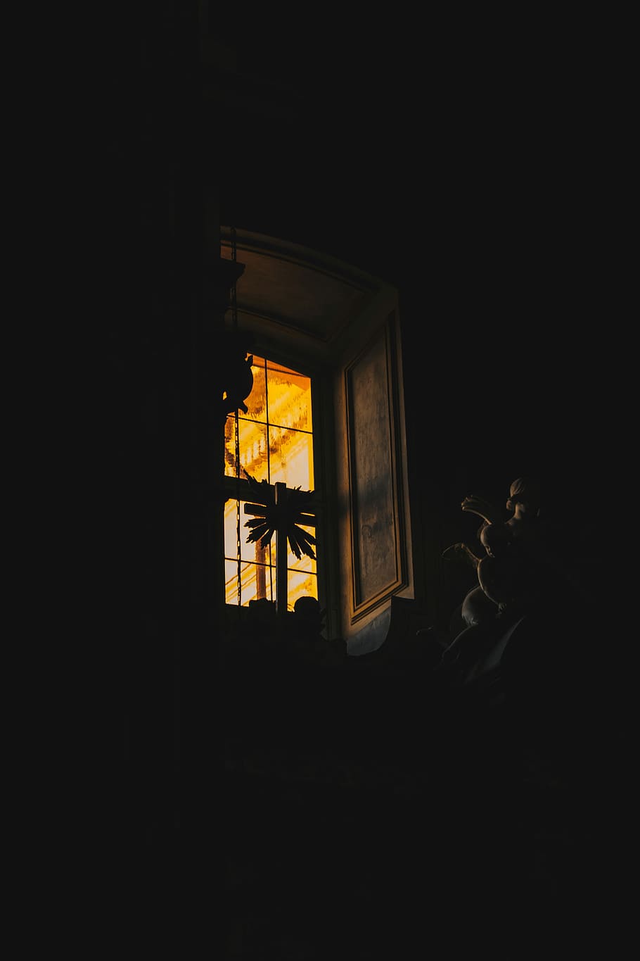 photo of lighted house, window, silhouette, frame, glass, dark HD wallpaper