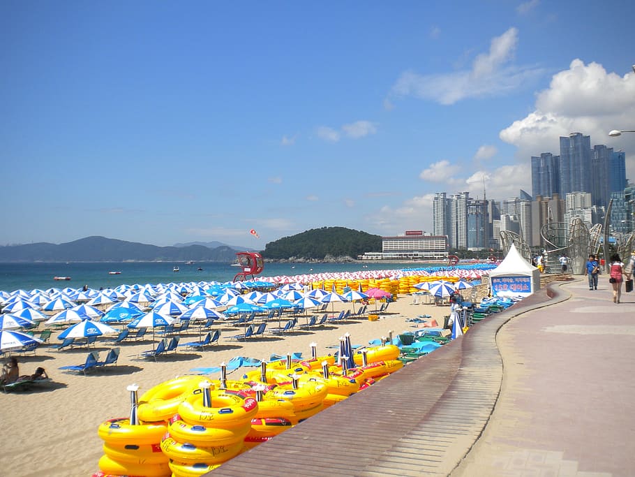 Busan, Haeundae Beach, Umbrellas, Korea, ocean, sky, water, HD wallpaper