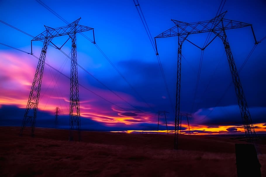 power lines, electric, sky, clouds, sunset, sunrise, silhouettes