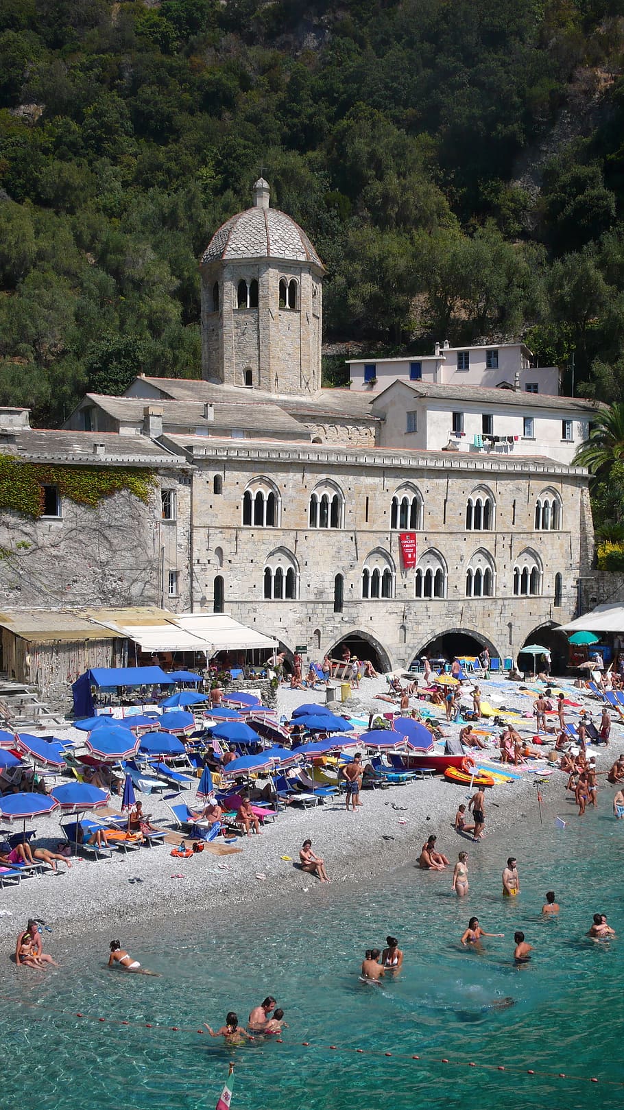 san fruttuoso di camogli, beach, summer, sea, umbrellas, holidays