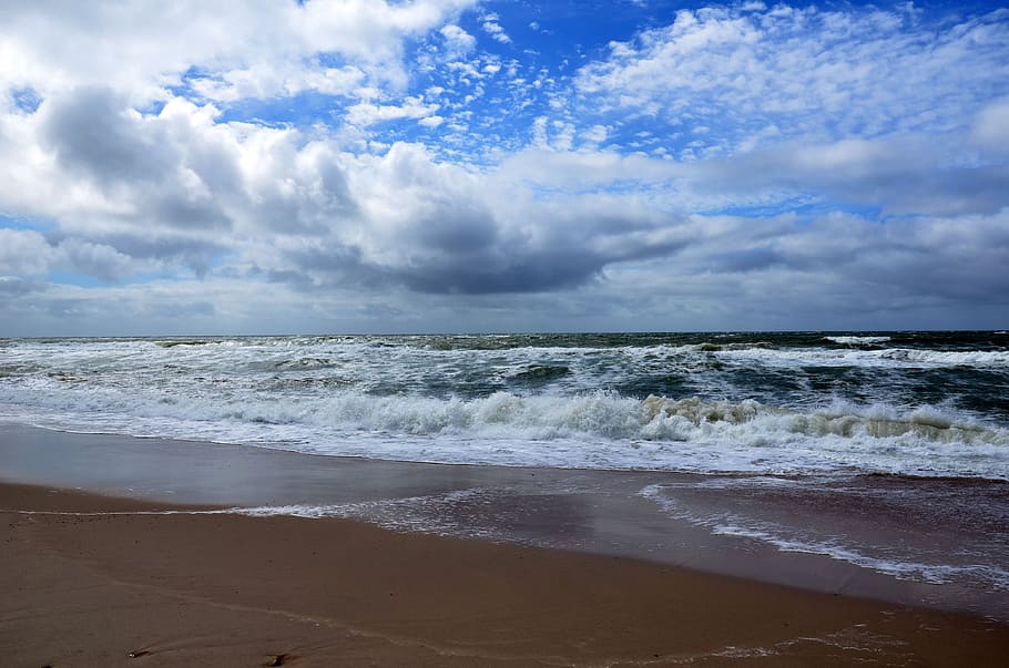 denmark, north sea, beach, sky, dramatic sky, clouds, wave
