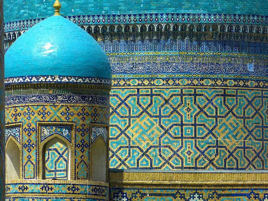 teal, brown, and green concrete building, blue mosque, painting