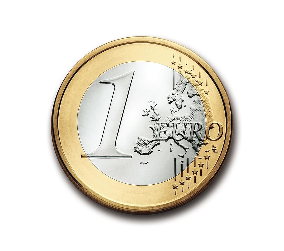 round silver and gold 1 Euro coin, currency, europe, money, wealth