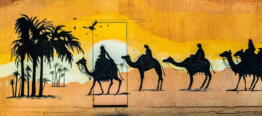 camels, desert, caravan, graffiti, wall, door, art and craft, HD wallpaper