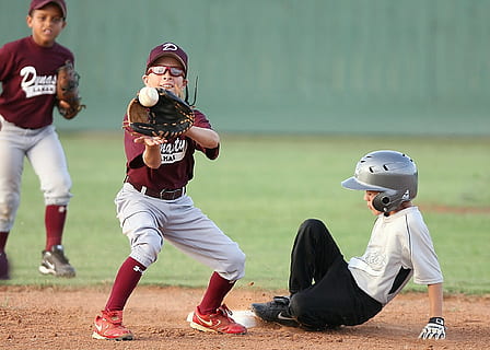 baseball, action, second base, players, little league, catching HD wallpaper