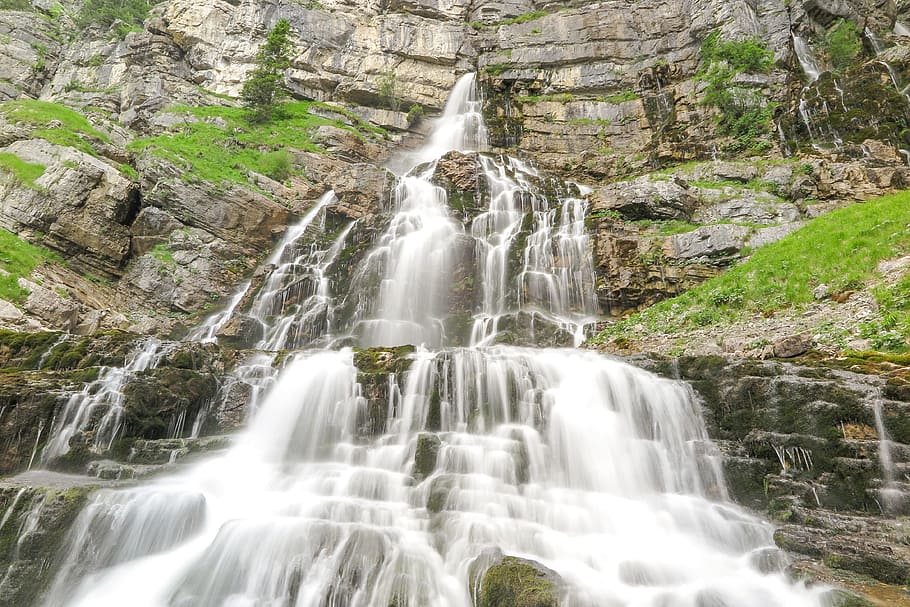 waterfall, nature, alpine, cascade, mountains, kuhflucht, weather stone HD wallpaper