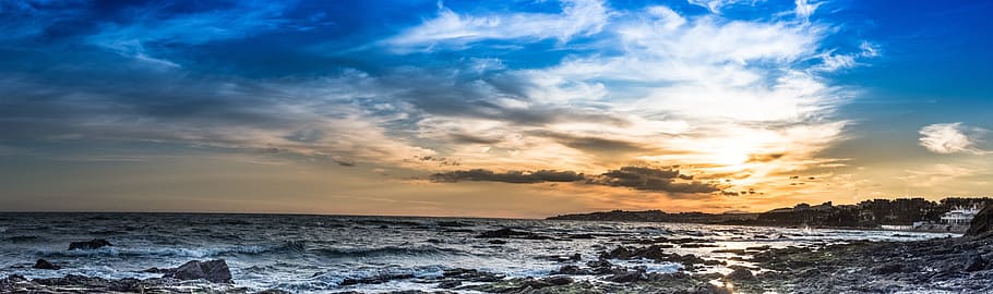 beach shore during sunset, costa, blue, sky, orange, waves HD wallpaper