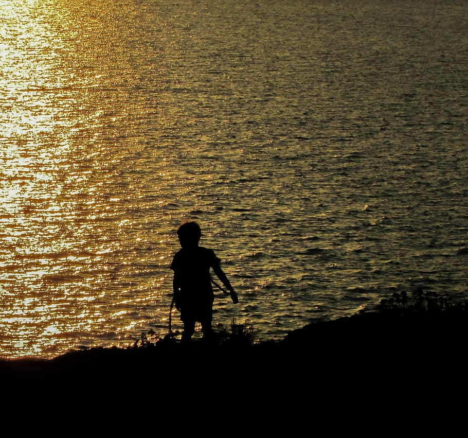 Sunset, Boy, Evening, kid, playing, shadow, silhouette, one person HD wallpaper