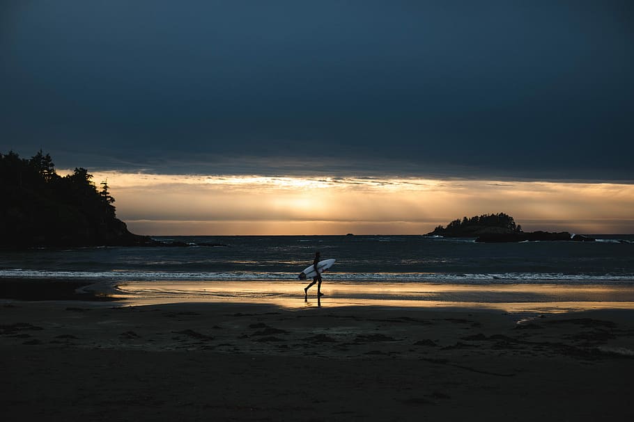 person holding surfboard walking on seashore, person holding white surfboard walking on seashore HD wallpaper