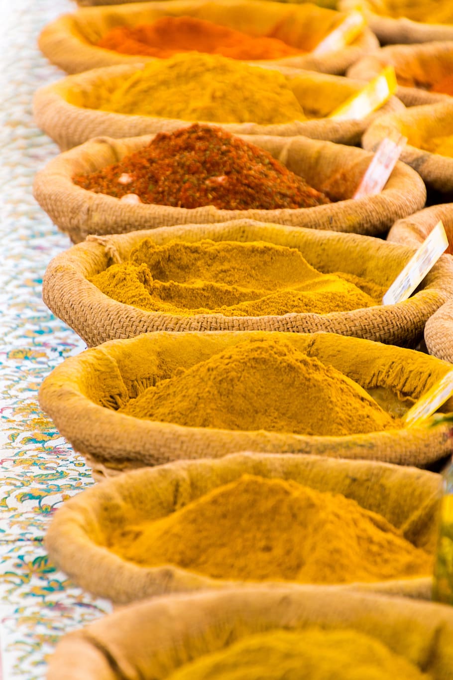 assorted spices in brown packs, curry, market stall, colorful, HD wallpaper
