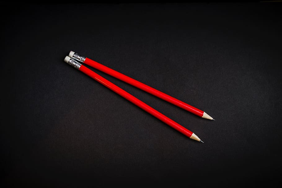 two red pencils, write, art, drawing, eraser, black background, HD wallpaper