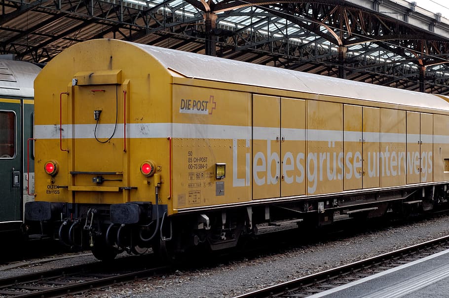 railway, wagon, post, yellow, switzerland, train, rail traffic, HD wallpaper