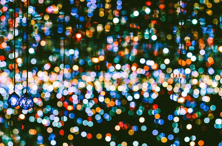 blue hanging lights, multicolored bokeh lights, blurred, colourful