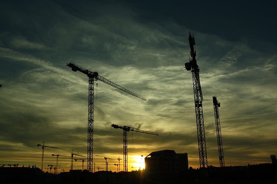 silhouette of cranes under white clouds, construction, constructing HD wallpaper