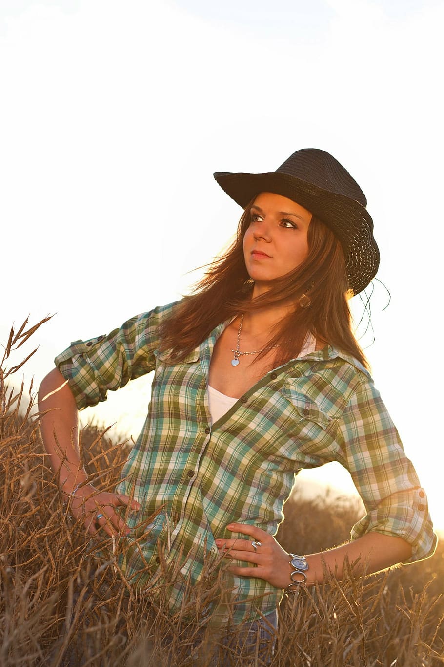 photo of woman wearing green and teal plaid dress shirt, cowboy, HD wallpaper