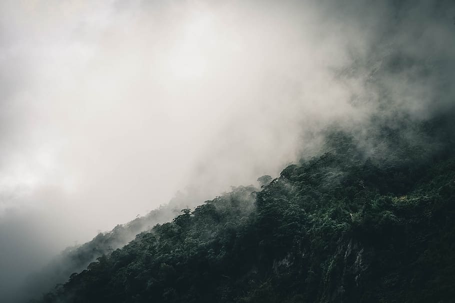 smoked mountain, grayscale photo of mountain with fog, Clouds HD wallpaper