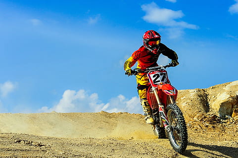 road, sky, man, person, action, adventure, biker, clouds, competition HD wallpaper
