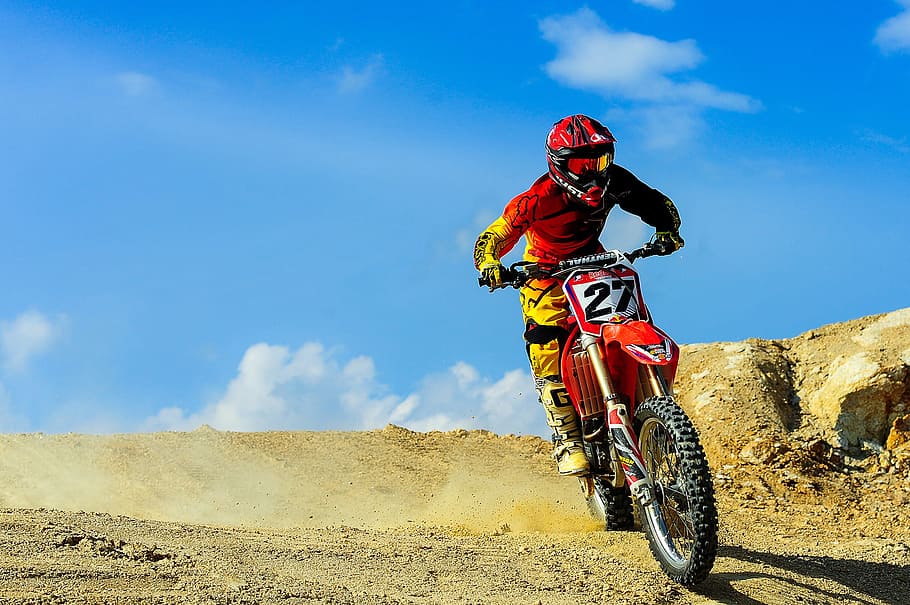 road, sky, man, person, action, adventure, biker, clouds, competition, HD wallpaper