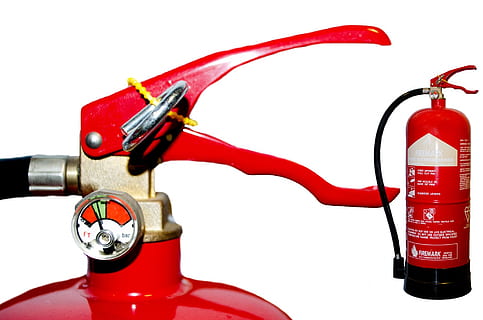 red fire extinguisher on white surface, alarm, batch, burning HD wallpaper