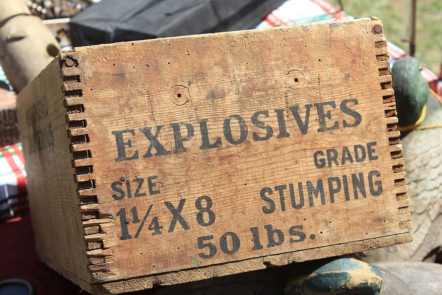 brown Explosives box, dynamite, antique, wood joints, text, communication