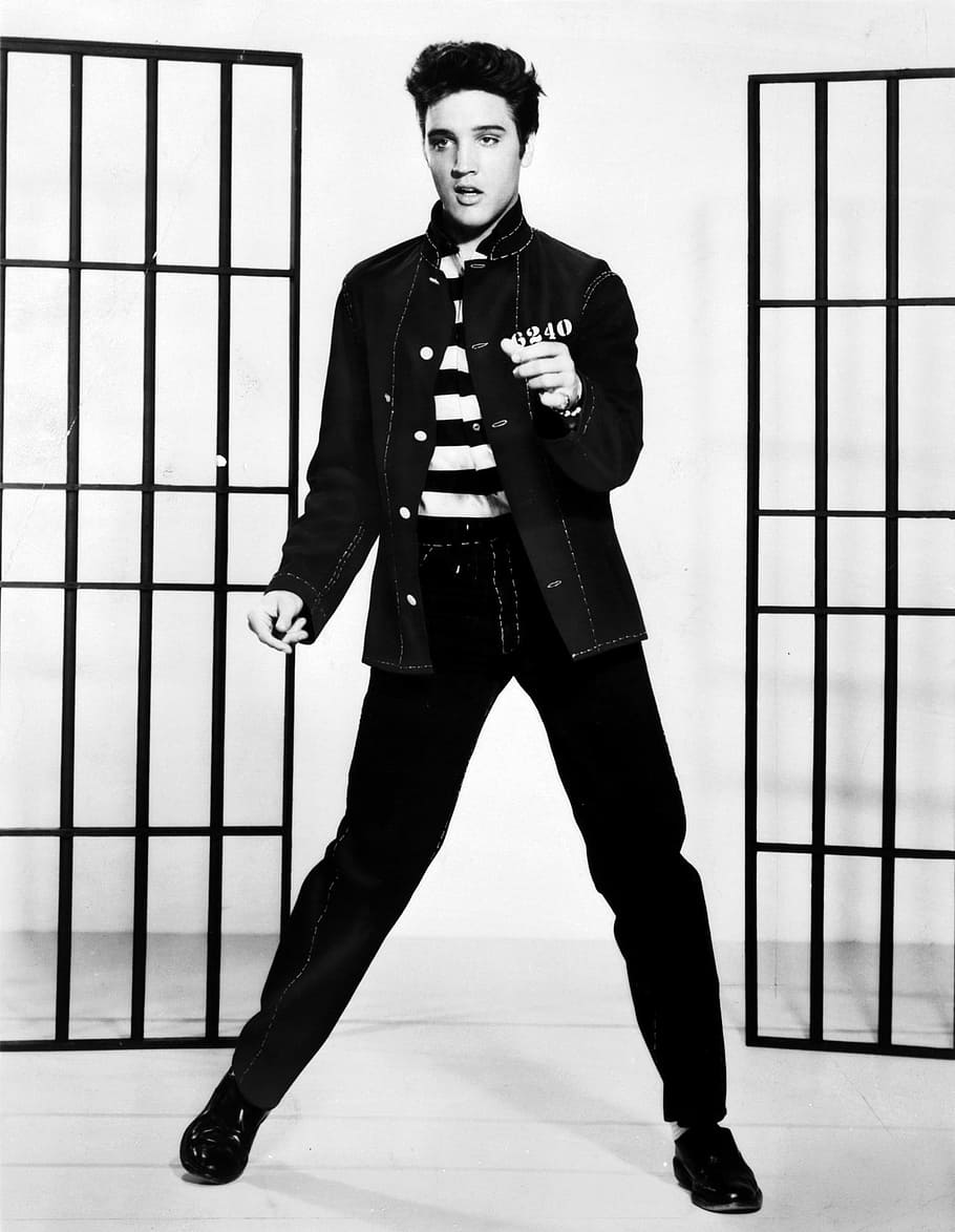 grayscale photo of Elvis Presley, jailhouse rock, vintage, singer