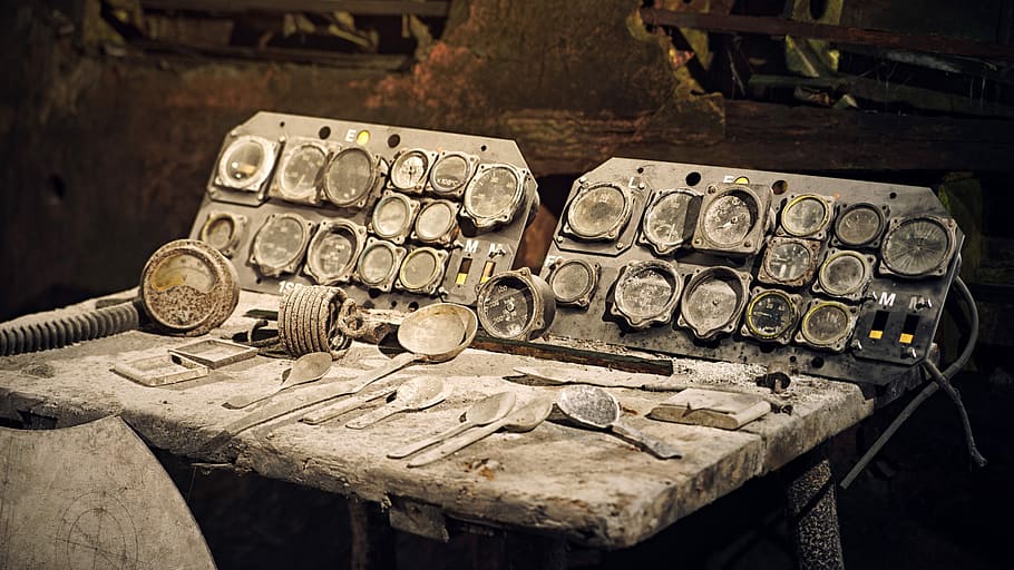 silver steel spoon on white table, dust, cockpit, instruments HD wallpaper