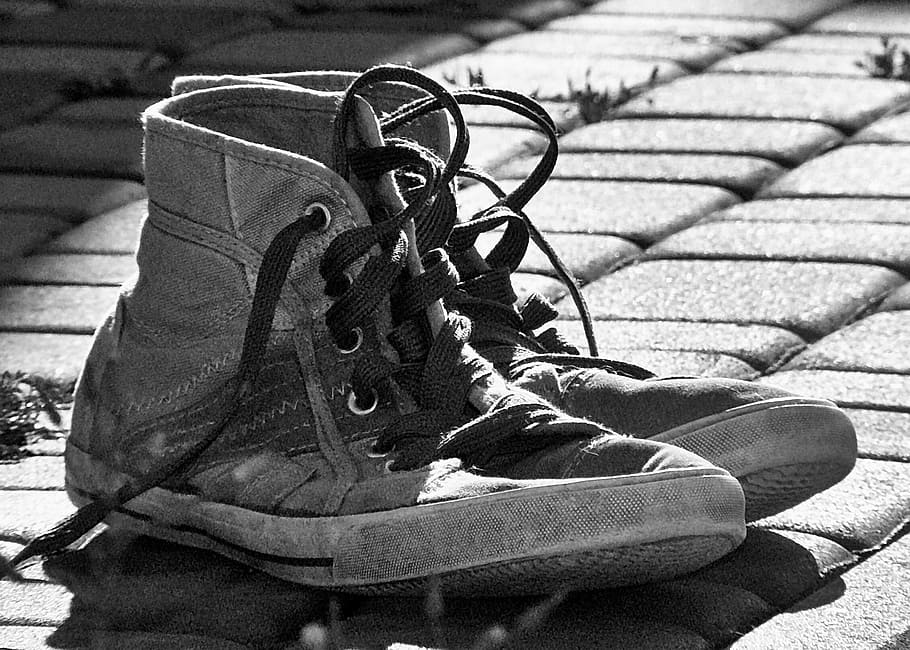 grayscale photography of high-top sneakers, shoes, old, worn out, HD wallpaper