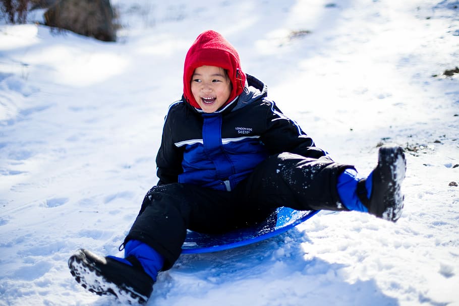 Sledding Joy, girl sliding on snow, child, boy, sledge, sleigh, HD wallpaper