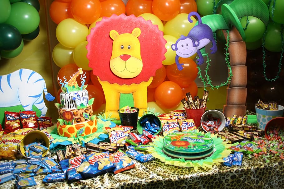 Party, Animals, Cake, Table, Candies, balloons, no people, variation HD wallpaper