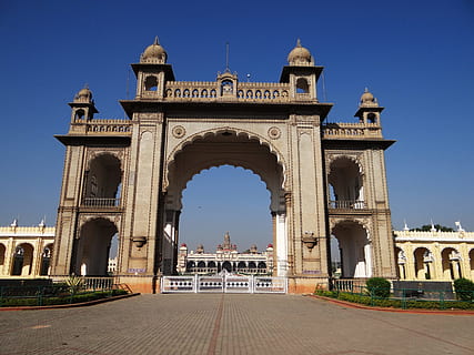 beige concrete gate during daytime, mysore palace, architecture HD wallpaper