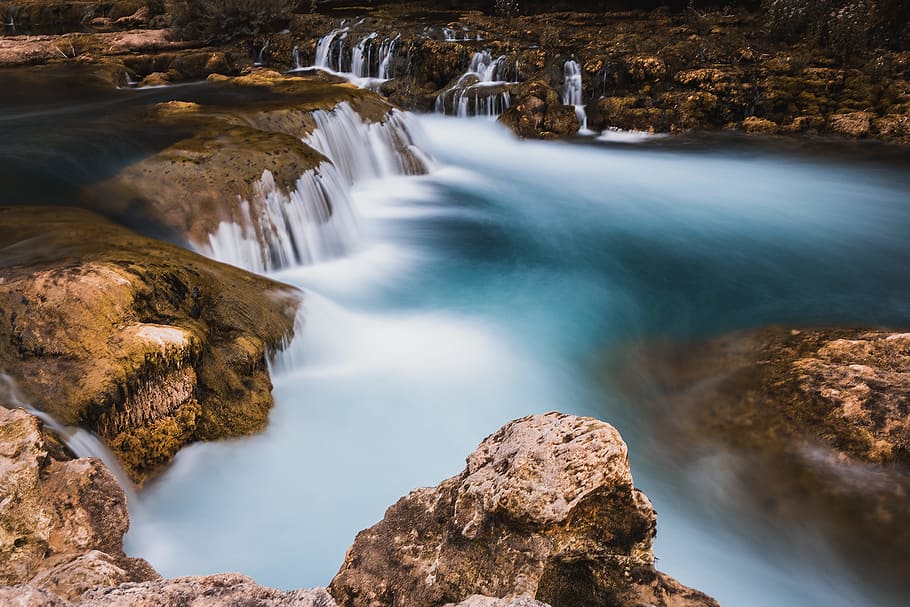 Waterfalls, blue water, blur, cascade, cold, creek, daylight HD wallpaper
