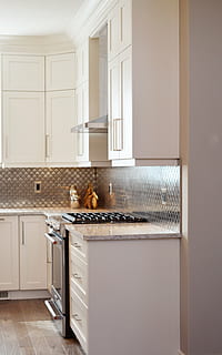 white wooden modular kitchen, cabinets, stove, oven, counter HD wallpaper