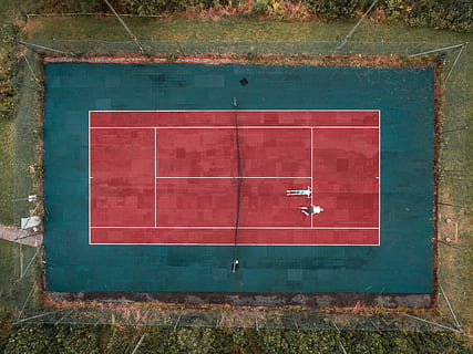 two person lying on tennis court, birds-eye photo of tennis court HD wallpaper