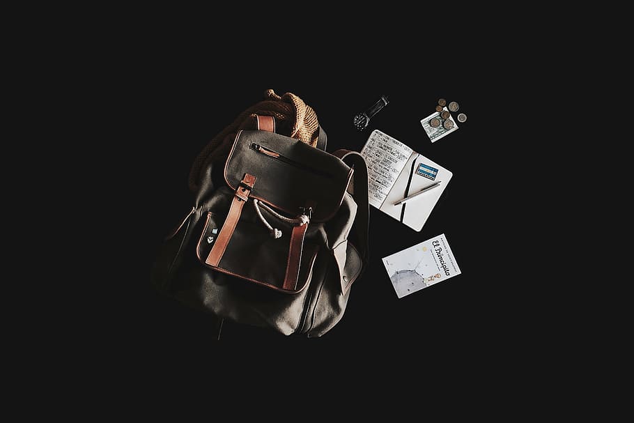 black and brown backpack with black nackground, black and brown leather backpack beside books HD wallpaper