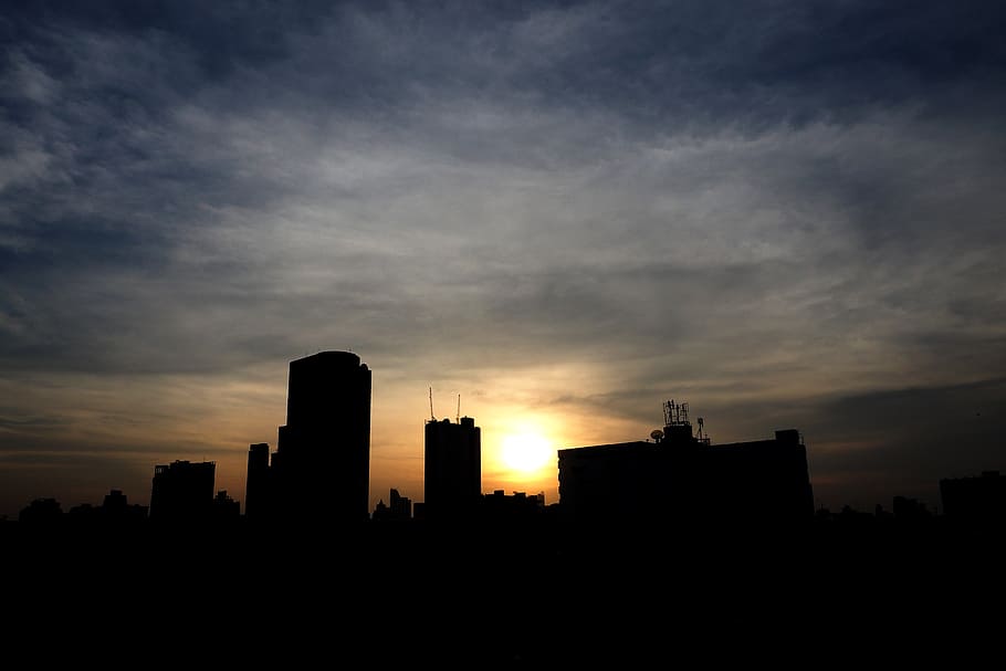 city, backlight, sun, sunlight, evening, shine, saeng, horizon HD wallpaper