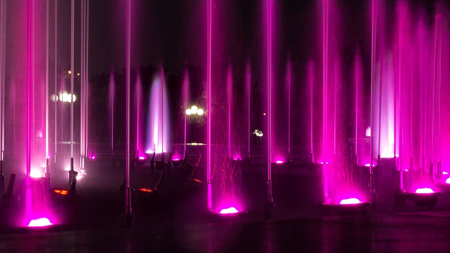 purple fountain lights, bright, tourism, illuminated, night HD wallpaper