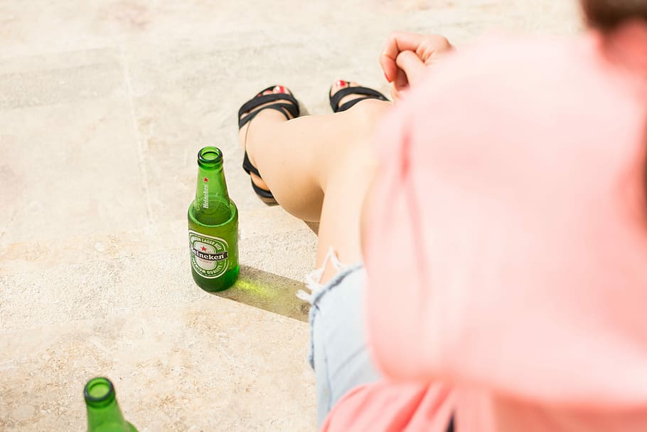 Heineken beer bottle, drink, hands, outside, drinking, alcohol