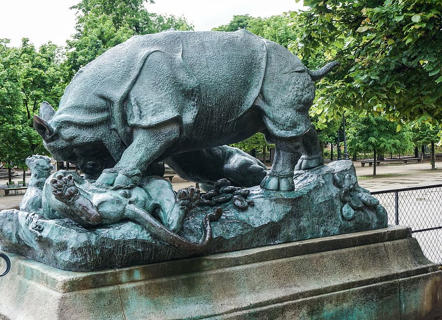 paris, architecture, park, art, sculpture, rhino, indian rhinoceros HD wallpaper
