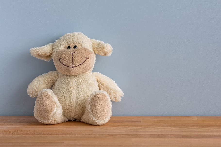 white sheep plush toy on brown wood flooring, happy, smiling, HD wallpaper