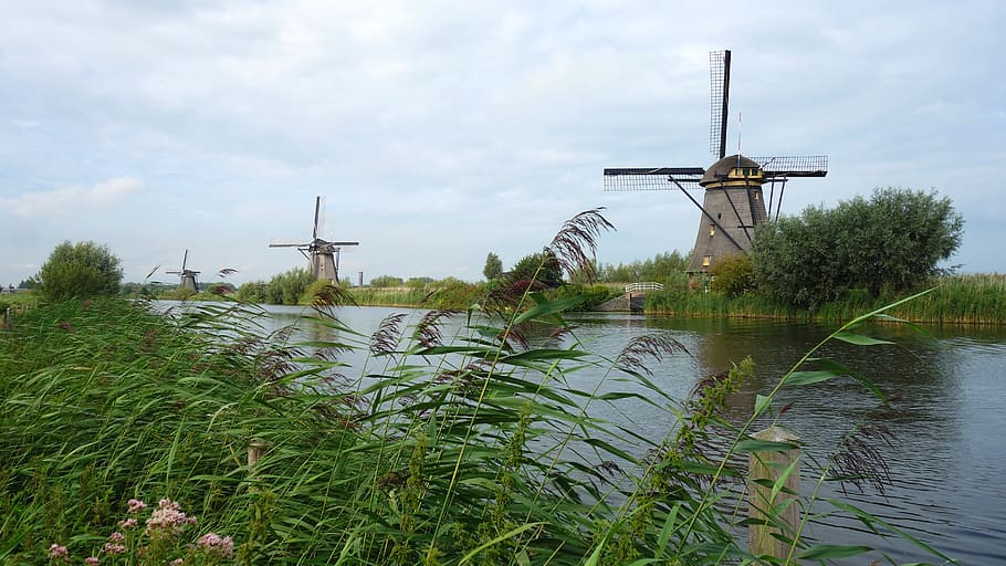 windmills, kinderdijk, cultural heritage, polder, grondzeilers, HD wallpaper