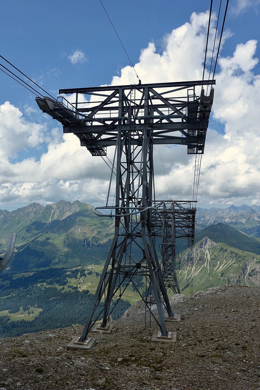 pylon, frame, cable car, steele, infrastructure, sky, industry HD wallpaper