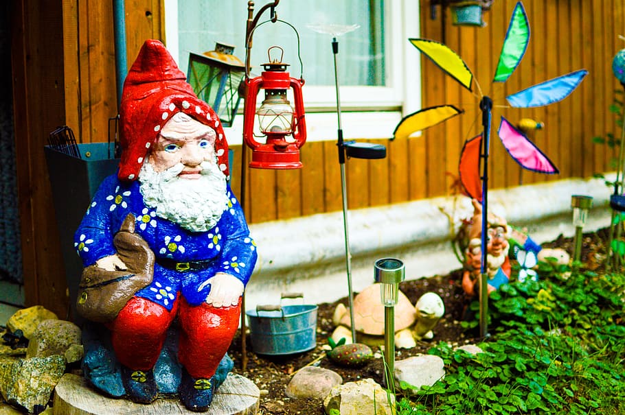 garden gnome, dwarf, flowers dwarf, funny, cute, figure, lantern, HD wallpaper