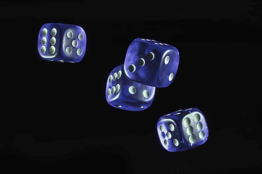 four blue dice against black background, cube, gambling, play, HD wallpaper